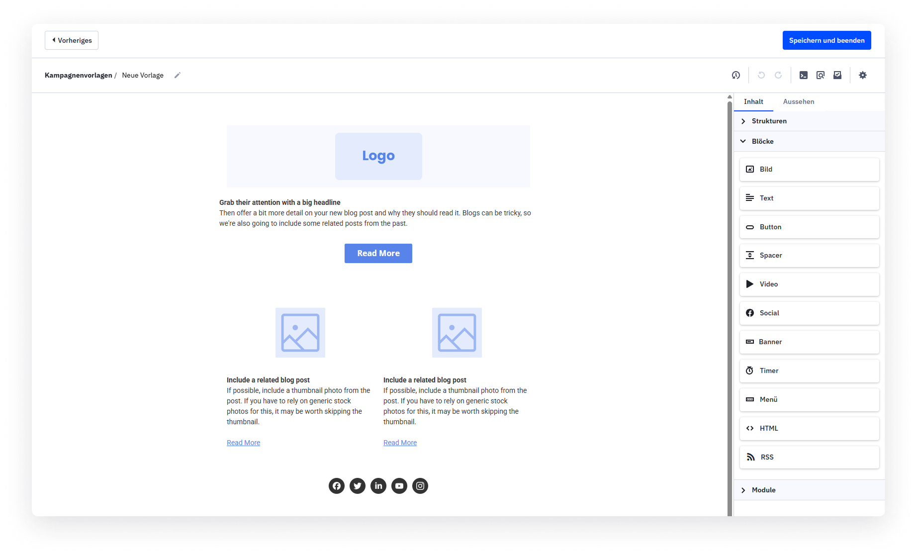 Drag-and-drop E-Mail-Editor in ActiveCampaign mit modularen Inhaltsblöcken zur Gestaltung einer neuen Kampagnenvorlage.
