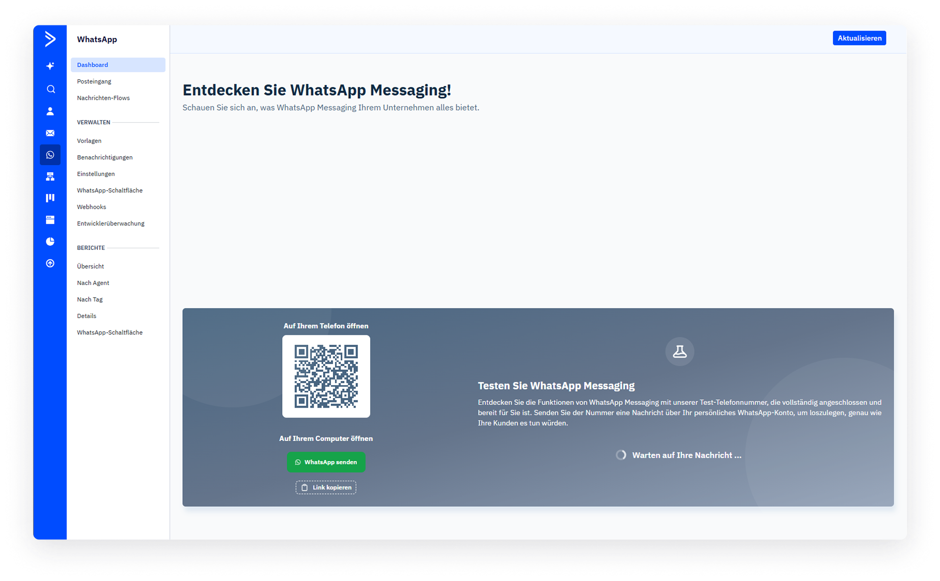 Oberfläche zur Einrichtung und zum Testen der WhatsApp-Messaging-Funktion in ActiveCampaign mit QR-Code und Testlink.