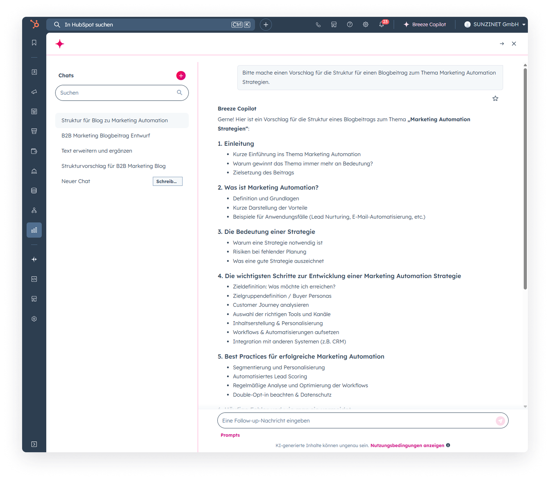 KI-gestützter Assistent in HubSpot zeigt einen strukturierten Vorschlag für einen Blogartikel zum Thema Marketing Automation.