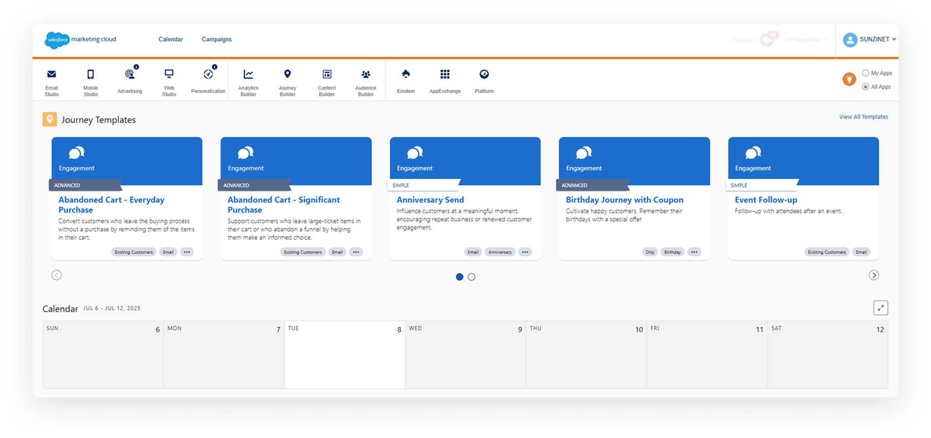 Übersicht von vorkonfigurierten Journey-Vorlagen in Salesforce zur schnellen Erstellung von Kampagnen wie Warenkorbabbruch oder Geburtstagsmails.
