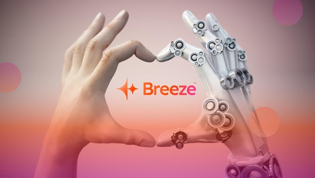 A human hand and a robotic hand forming a heart shape together, symbolizing the connection between humans and artificial intelligence. In the center, the logo of HubSpot Breeze AI is displayed with a futuristic gradient background.