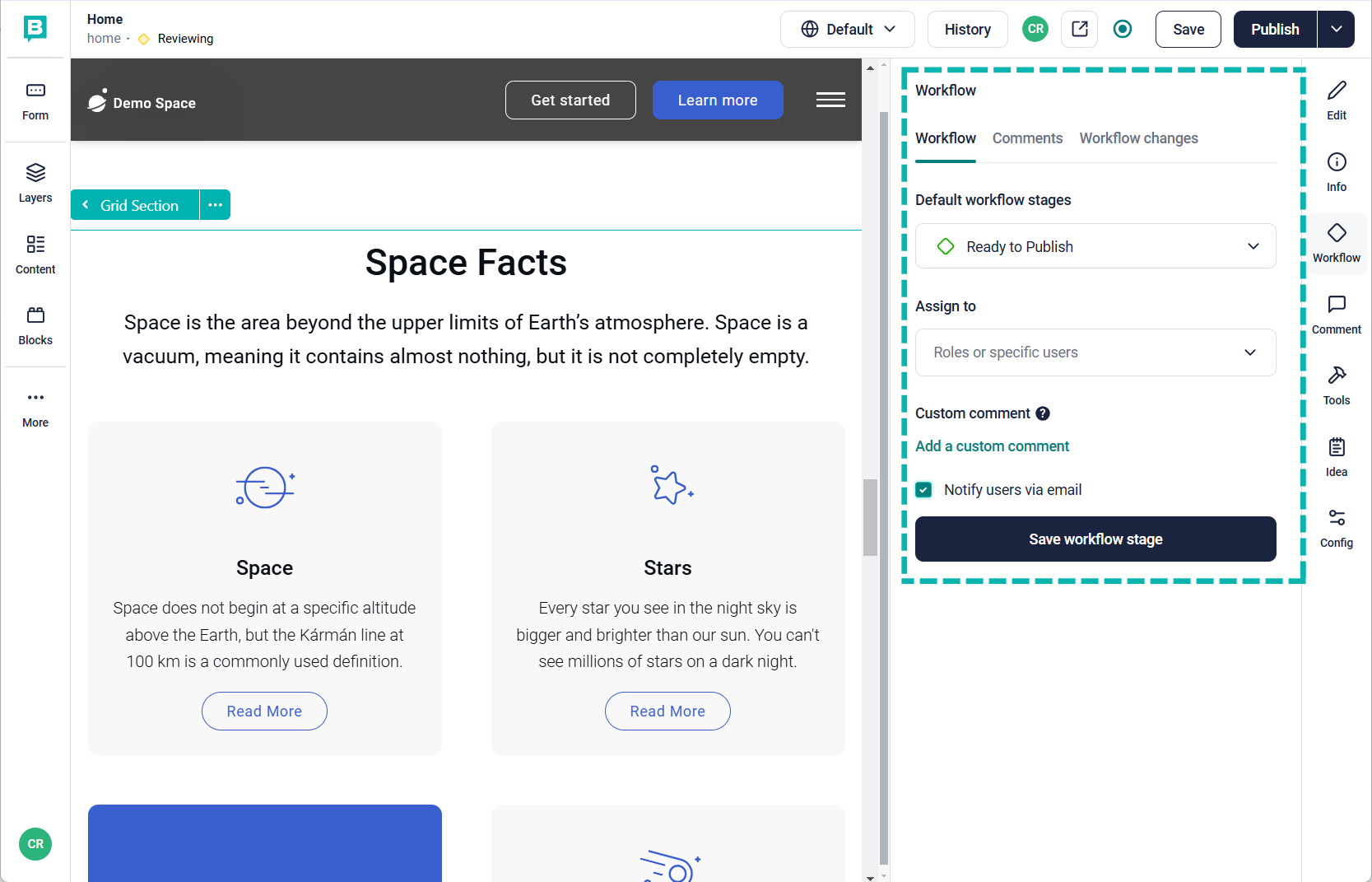 Screenshot, der veranschaulicht, wie man im visuellen Editor mit Workflows arbeitet.