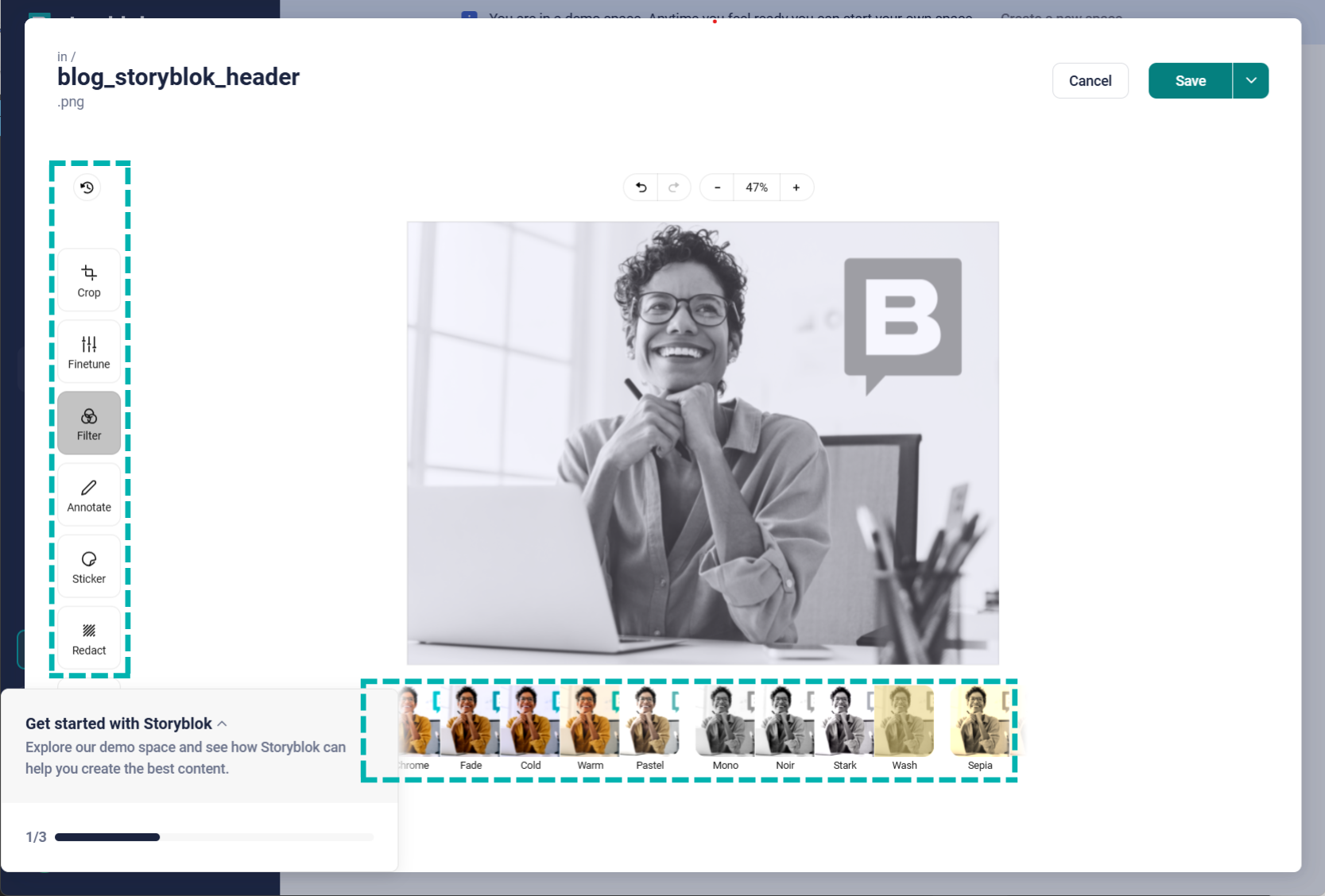 Screenshot vom Image Editor mit der Funktion zur Nutzung von Filtern.