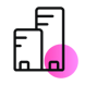 Icon mit zwei Gebäuden, einem kleinen und einen großen in schwarz und weiß mit einem pinken Kreis unten rechts_SUNZINET Digital Agentur