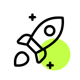 A simple, monochrome icon representing a space rocket flying in space. | AI for HR SUNZINET