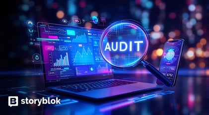 Ein Laptop mit verschiedenen Datensätzen und einer Lupe mit Audit sind zu sehen. Die Farben sind blau und violett. | GEO in Online-Marketing-Strategie SUNZINET