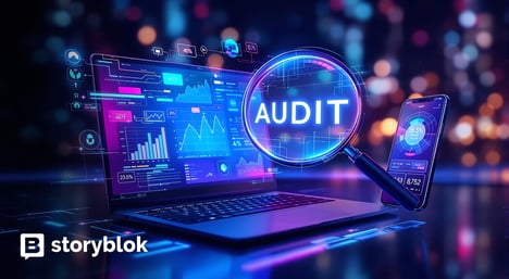 Ein Laptop mit verschiedenen Datensätzen und einer Lupe mit Audit sind zu sehen. Die Farben sind blau und violett. | GEO in Online-Marketing-Strategie SUNZINET